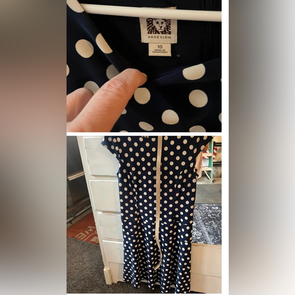 Anne Klein Blue and White Polka Dot Dress with Belt